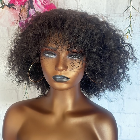 💕 12” HUMAN HAIR SHORT Curly Wig With Bangs FULL CAP WITH BAND & lace top part - Picture 9 of 17